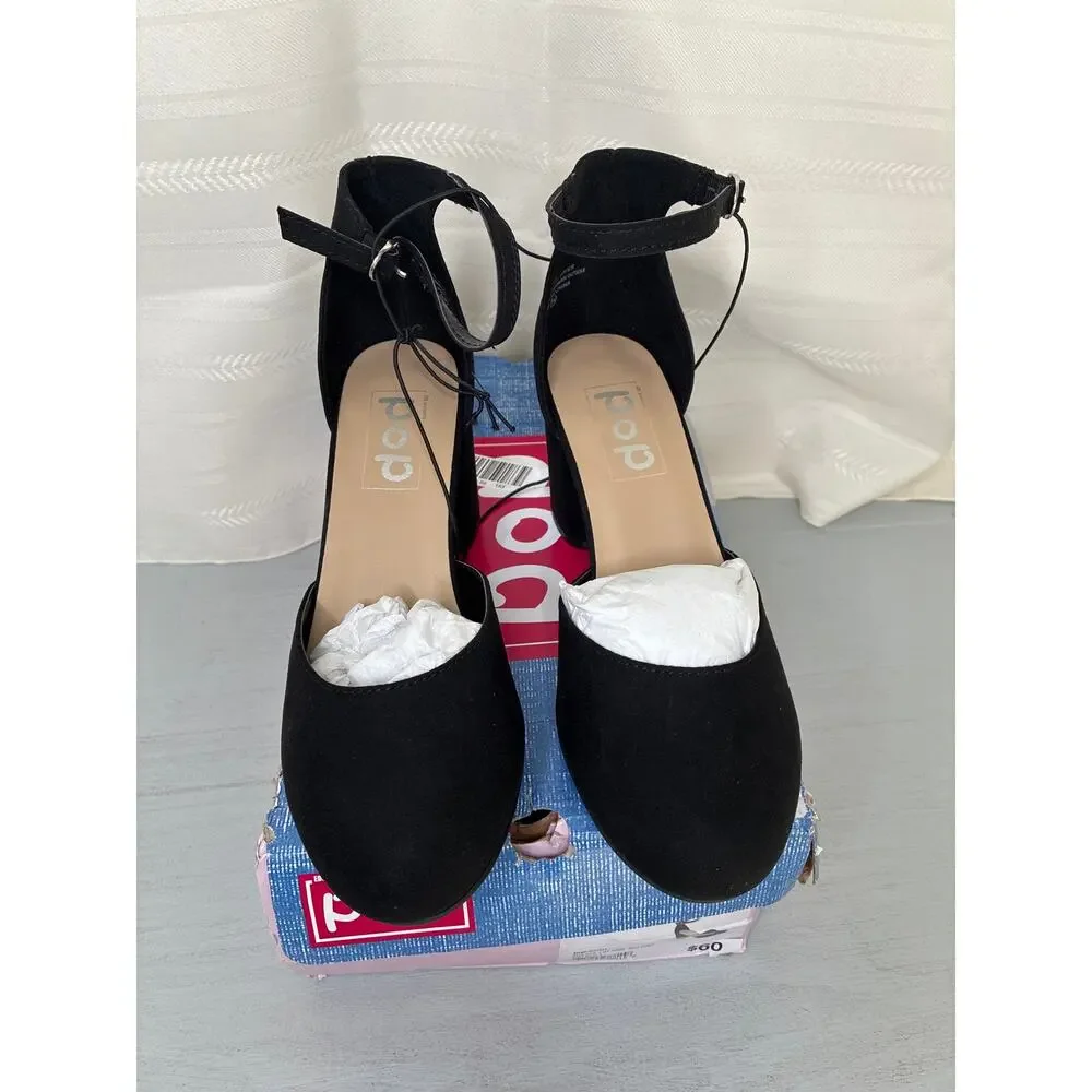 POP Gal Block Heel Pumps Black Womens Size 7.5M Ankle Strap
